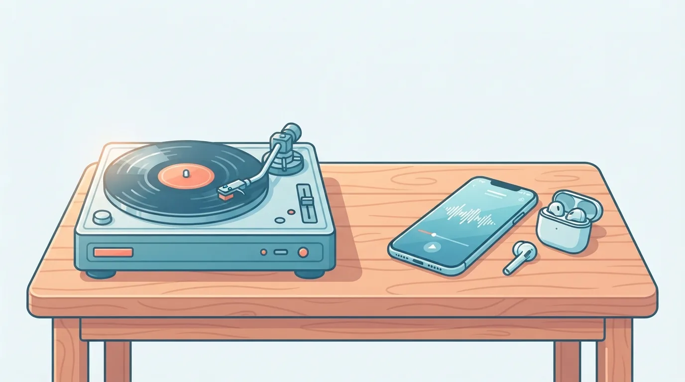 Platenspeler naast een smartphone als symbool voor klassiekers en nieuwe nummers