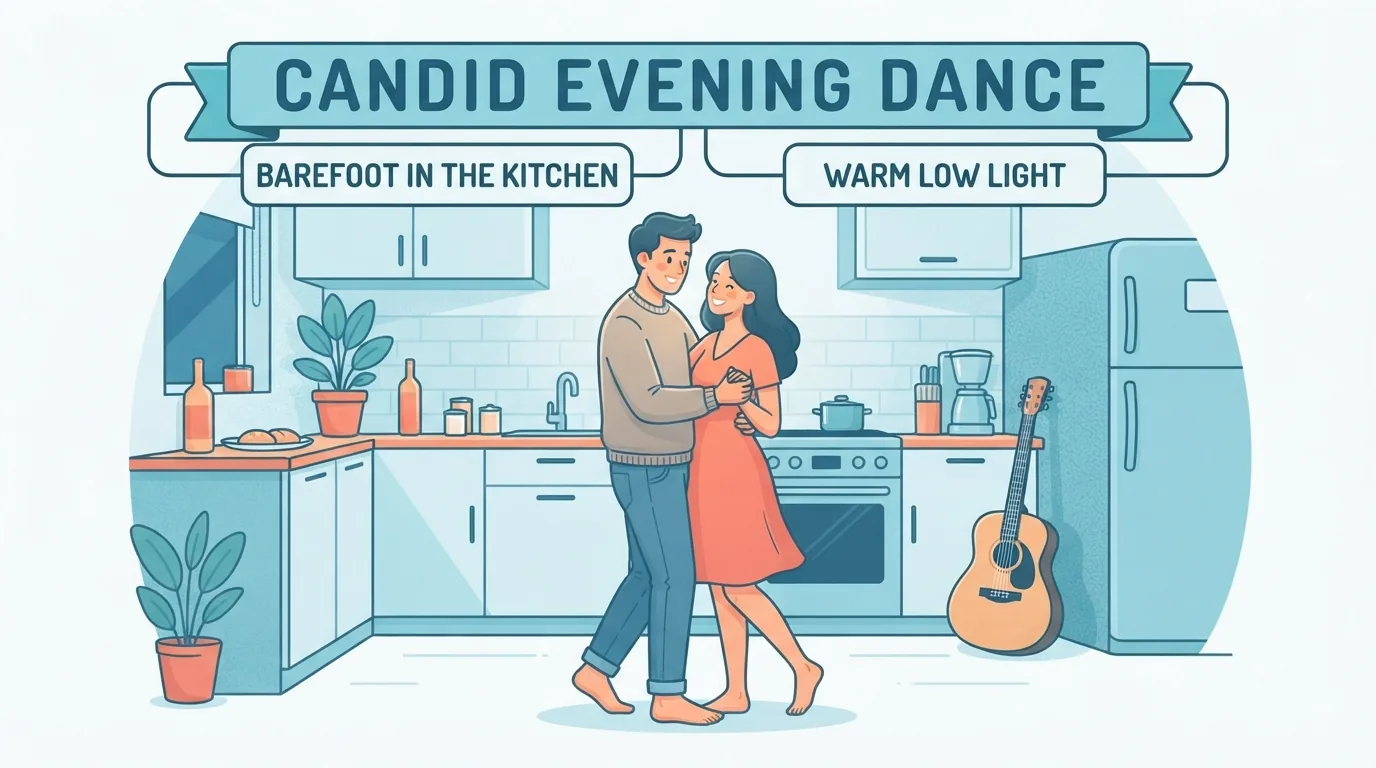 Stel danst langzaam in de keuken bij een rustig nummer