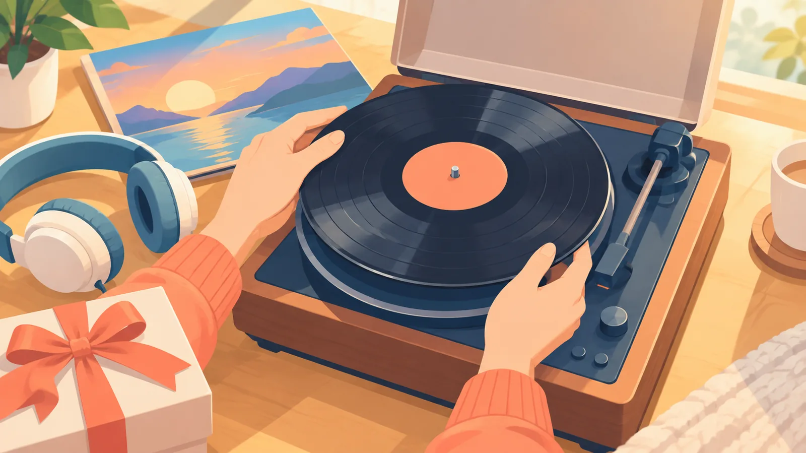 Vinylplaat op een draaitafel als cadeau-idee