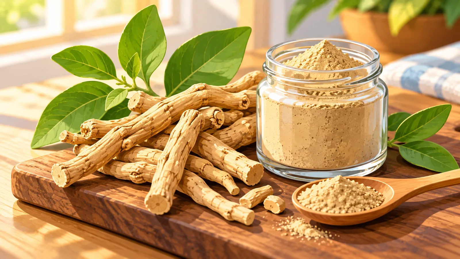 Ashwagandha wortel en poeder op een houten plank