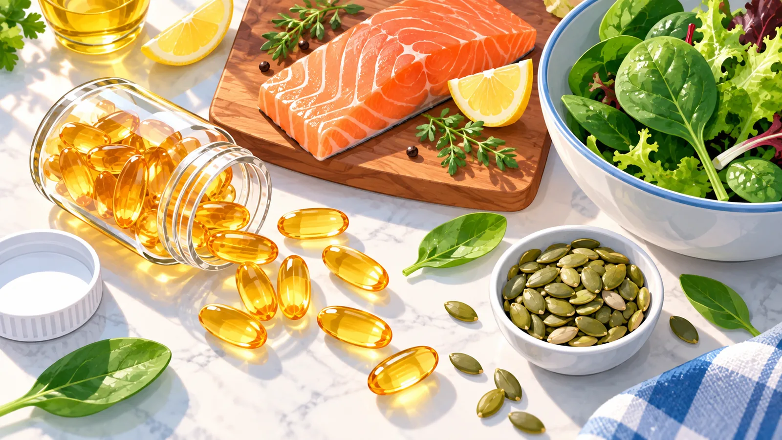 Omega-3 capsules met zalm en groene groenten