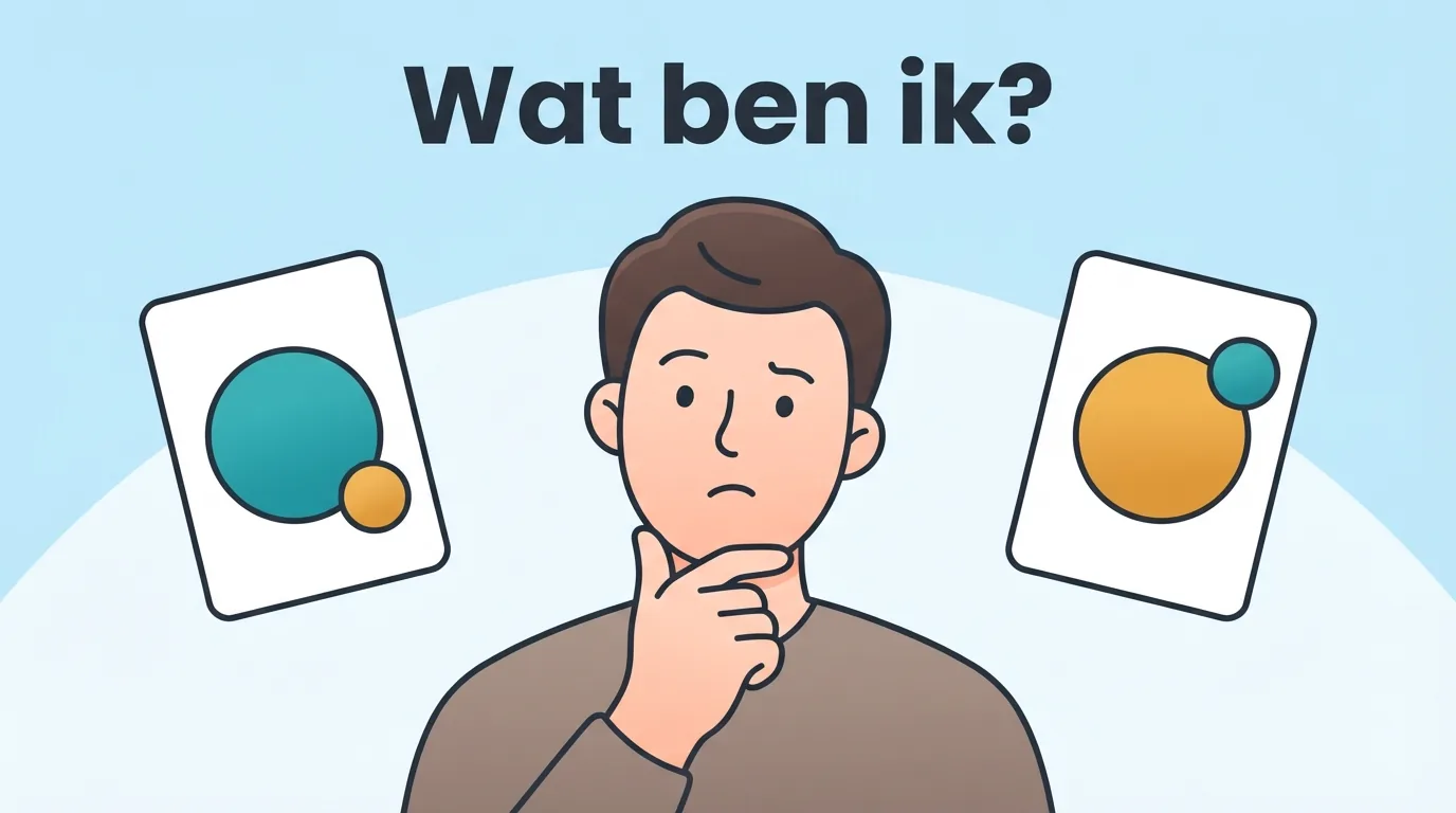 Een twijfelende lezer tussen twee kaarten waarop de hoofdrol en bijrol van gekleurde cirkels zijn omgedraaid.