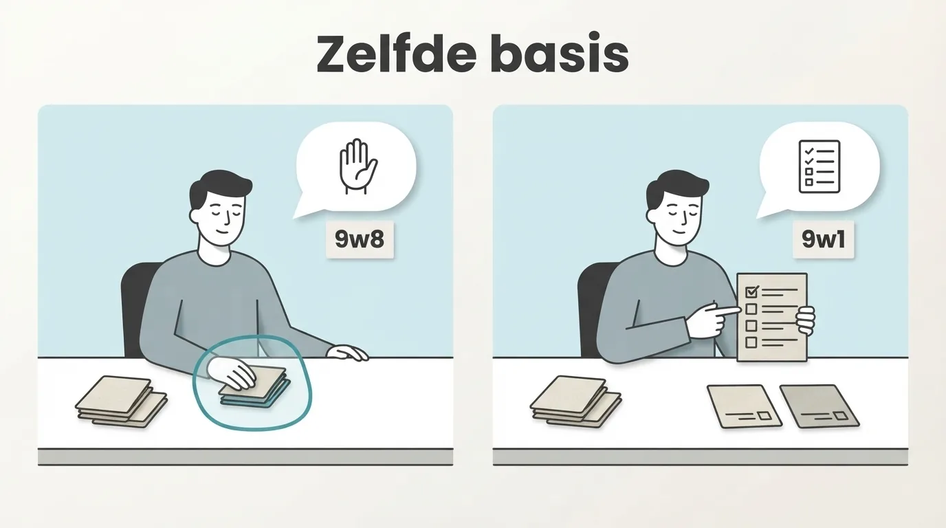 Een fictieve vergelijking: links geeft iemand de eigen werkgrens aan, rechts stelt dezelfde persoon een verdel