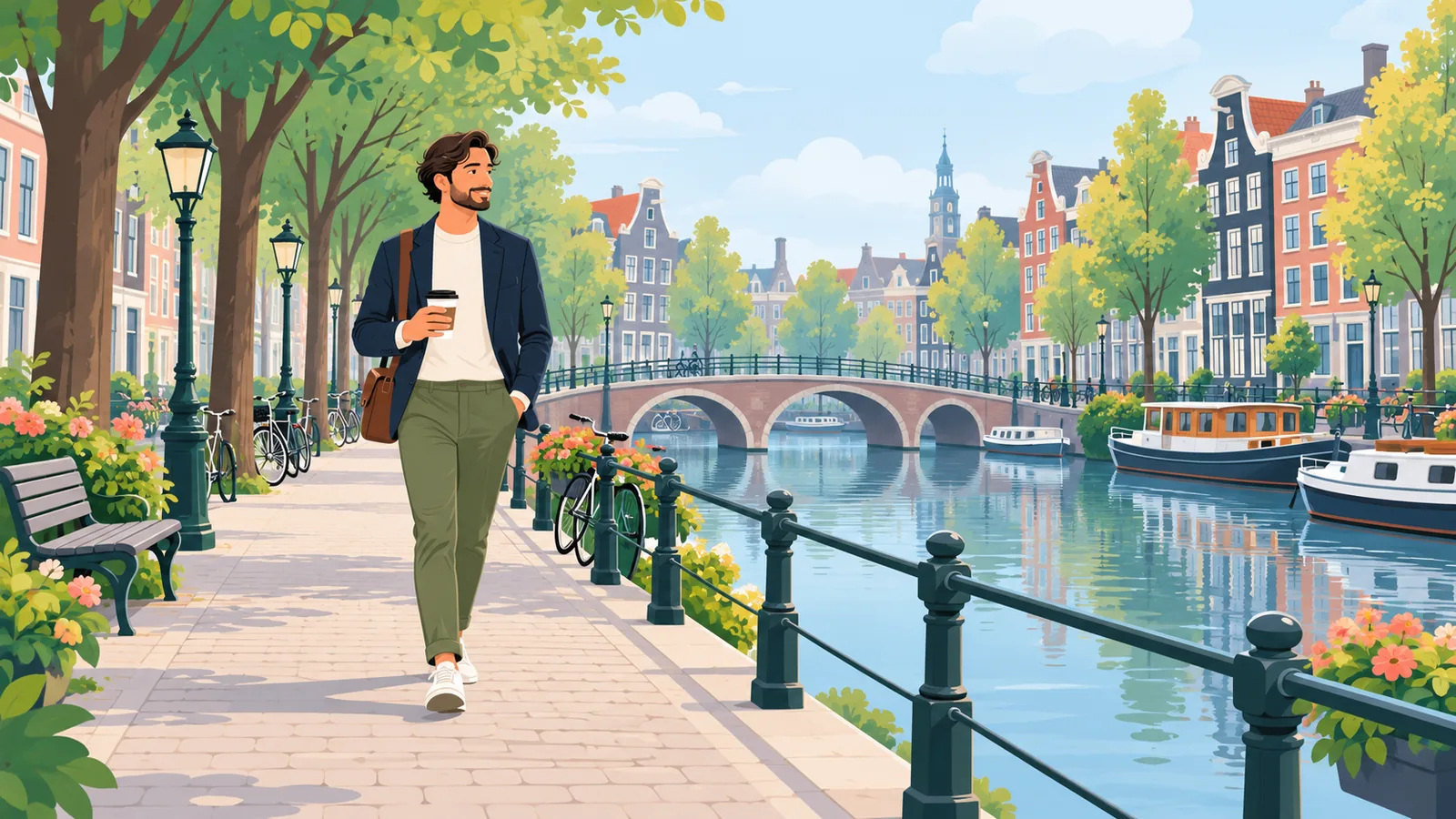 Persoon die tijdens de lunchpauze langs een gracht wandelt