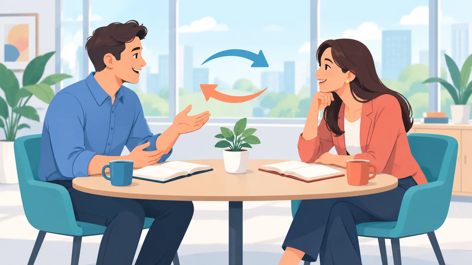 Twee collega's in gesprek over werkdruk aan een vergadertafel