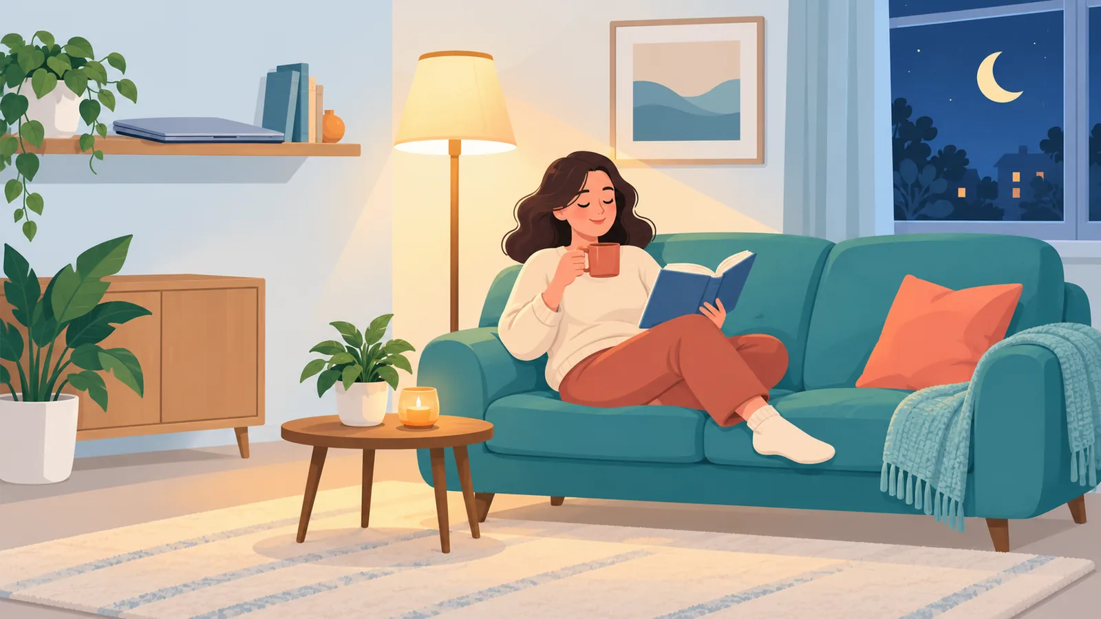 Gezellige woonkamer waar iemand na werktijd ontspant met thee en een boek