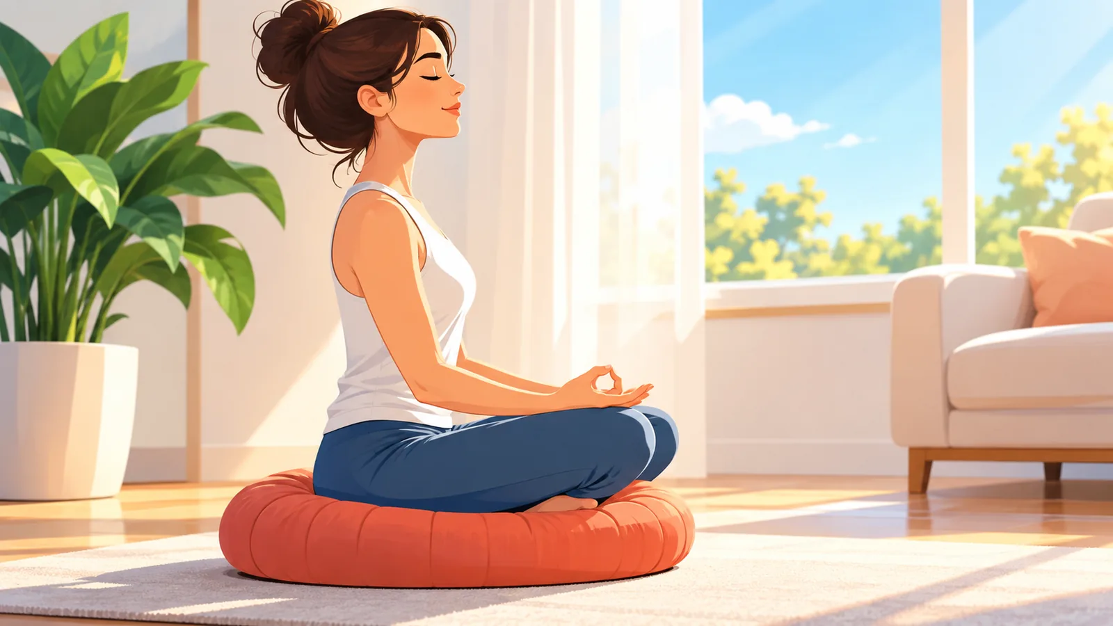 Persoon zit ontspannen op een meditatiekussen in een lichte woonkamer