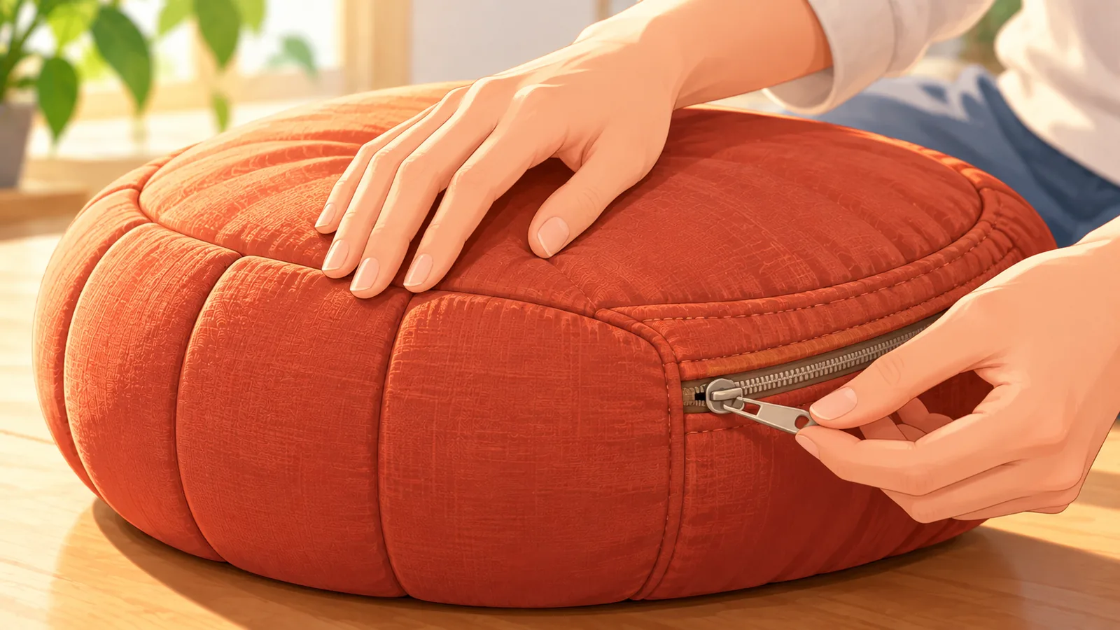 Hand controleert naden en rits van een meditatiekussen