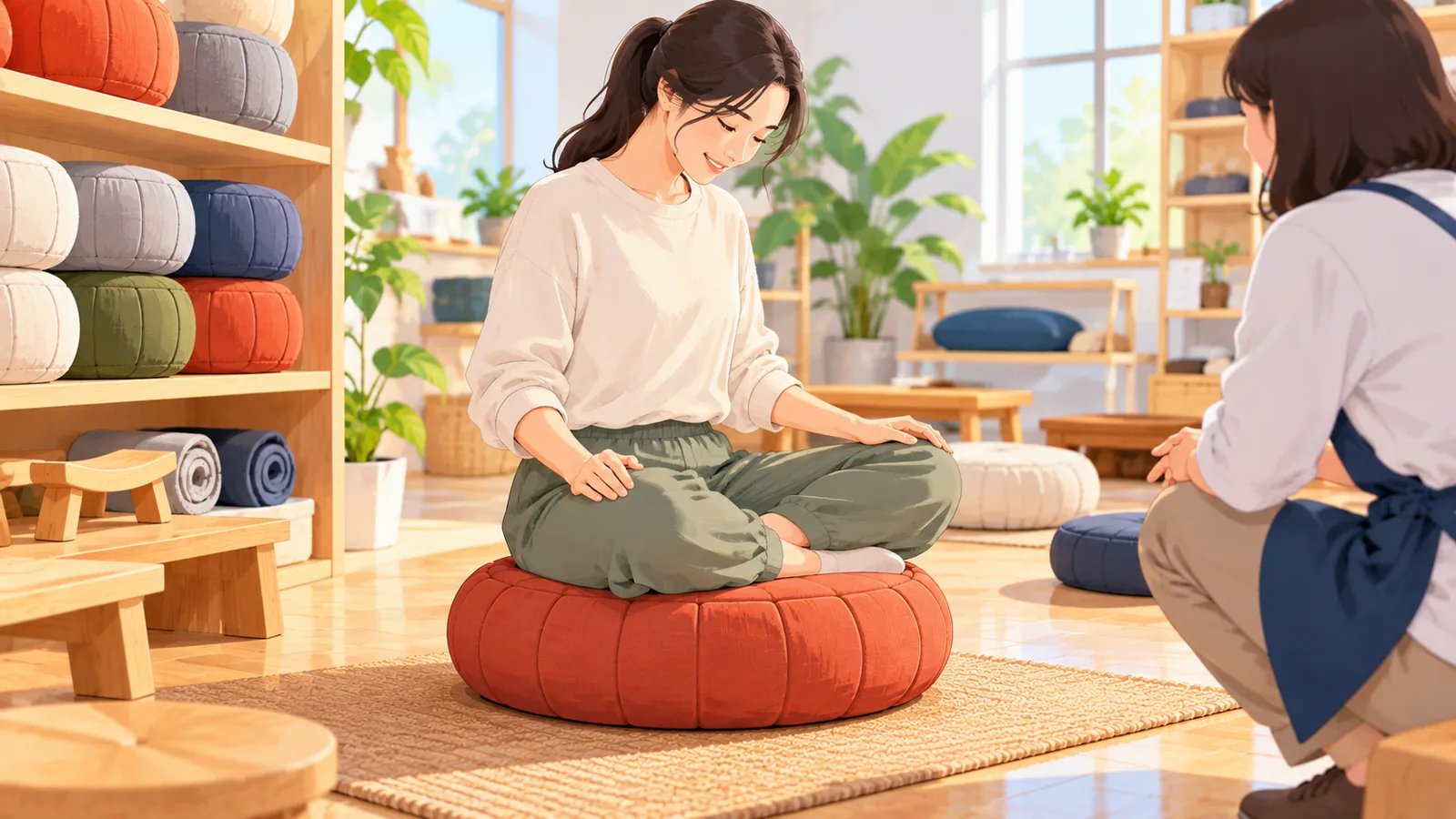 Klant probeert een meditatiekussen uit in een lichte winkel