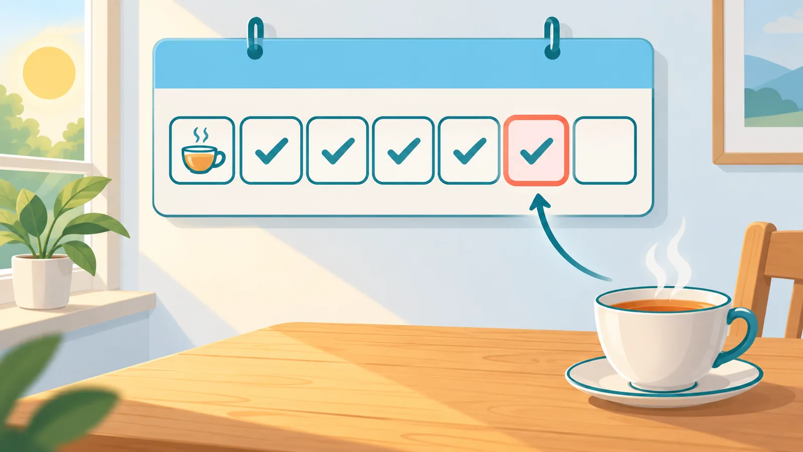 Een weekplanner met afgevinkte ochtendgewoontes naast een kop thee