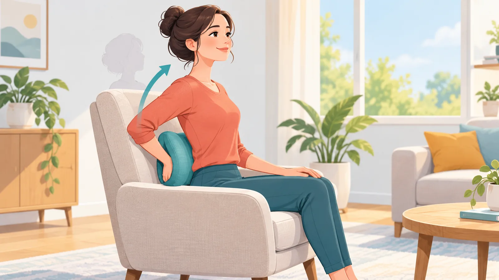 Een persoon past haar houding aan op een comfortabele stoel