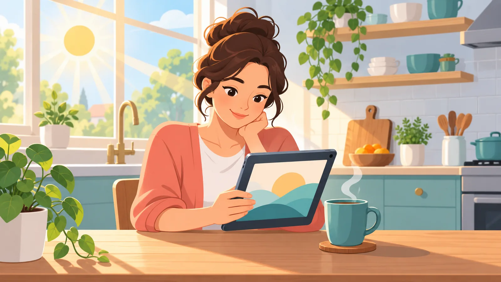 Een persoon leest rustig op een tablet aan de keukentafel met koffie