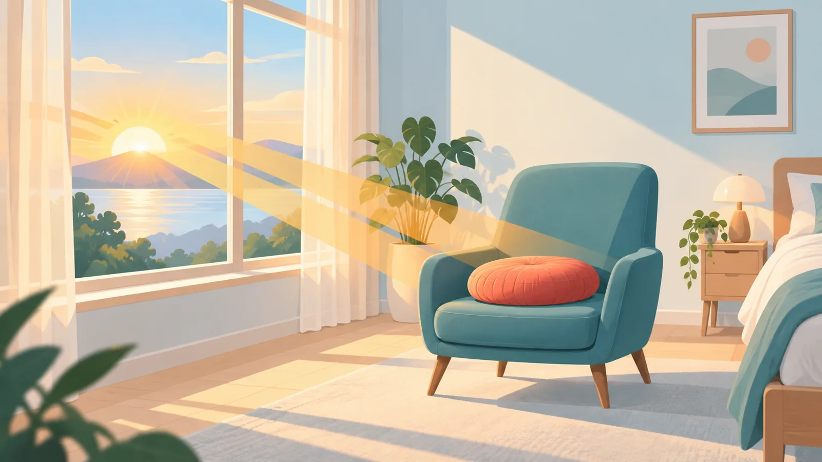 Zonsopgang door het raam van een rustige kamer met een stoel en kussen