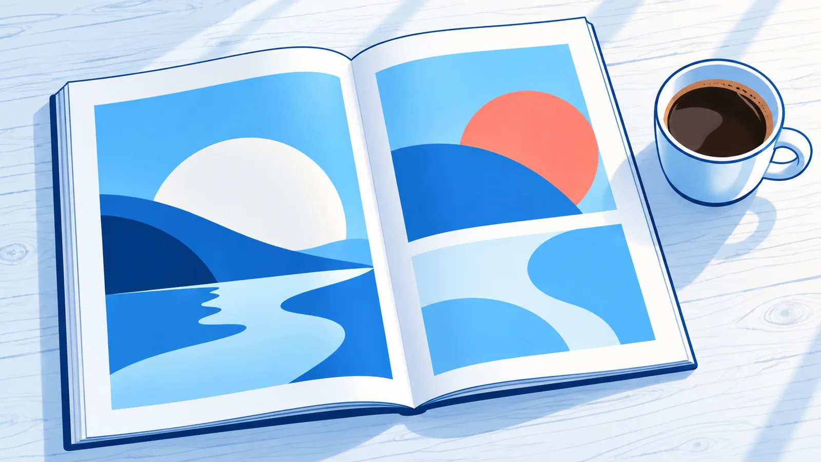 Opengeslagen tijdschrift op een leestafel naast een kop koffie