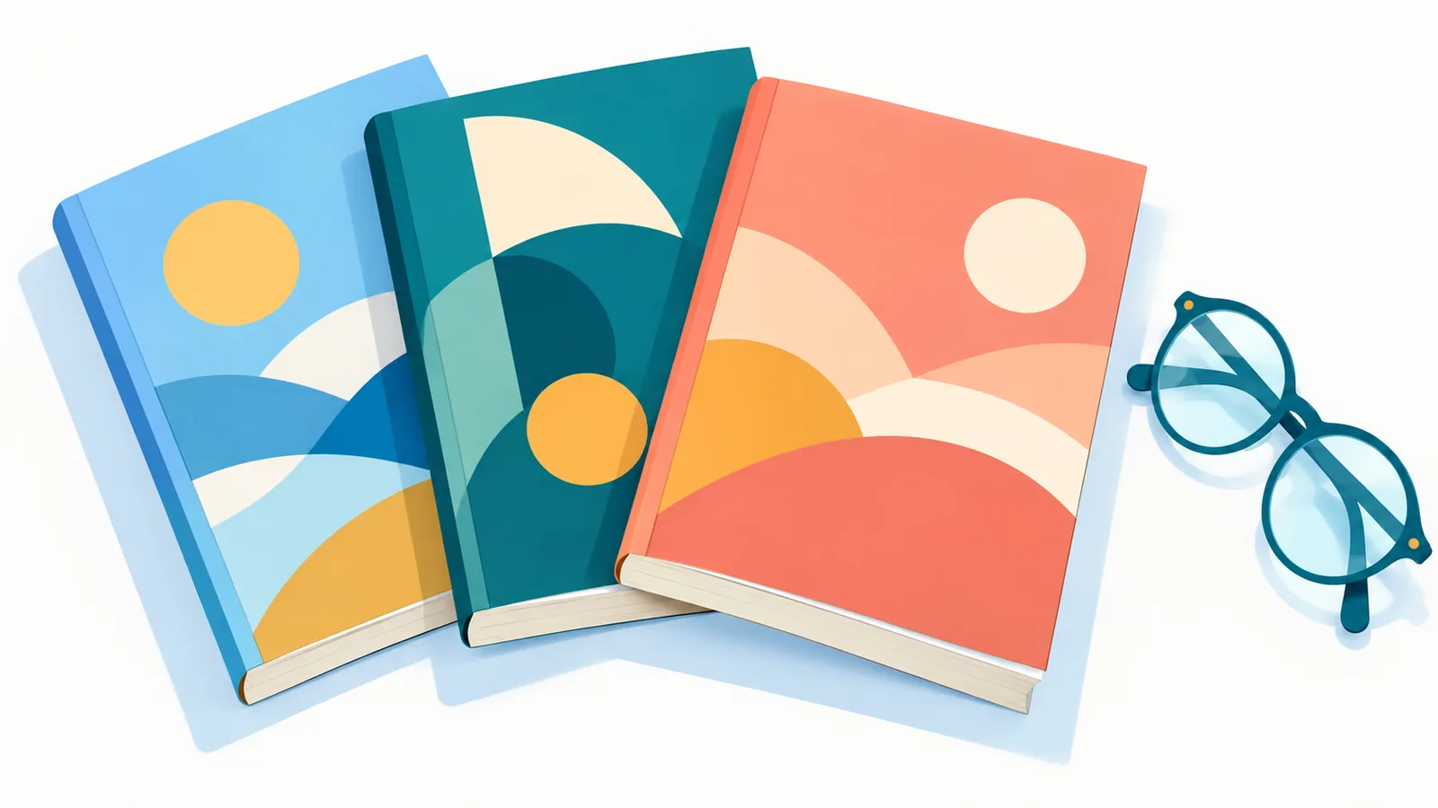 Drie boeken met verhalen naast een leesbril