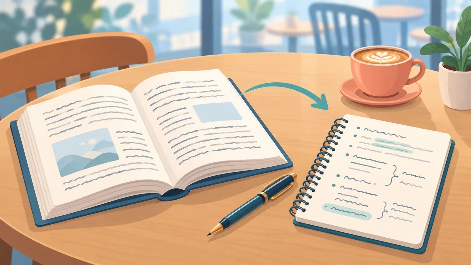 Notitieboekje en pen naast een opengeslagen boek op een cafétafel