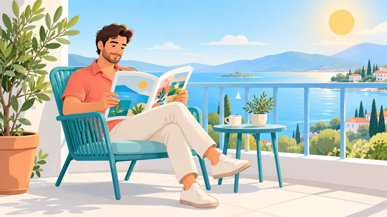 Lezer met een tijdschrift op een zonnig balkon