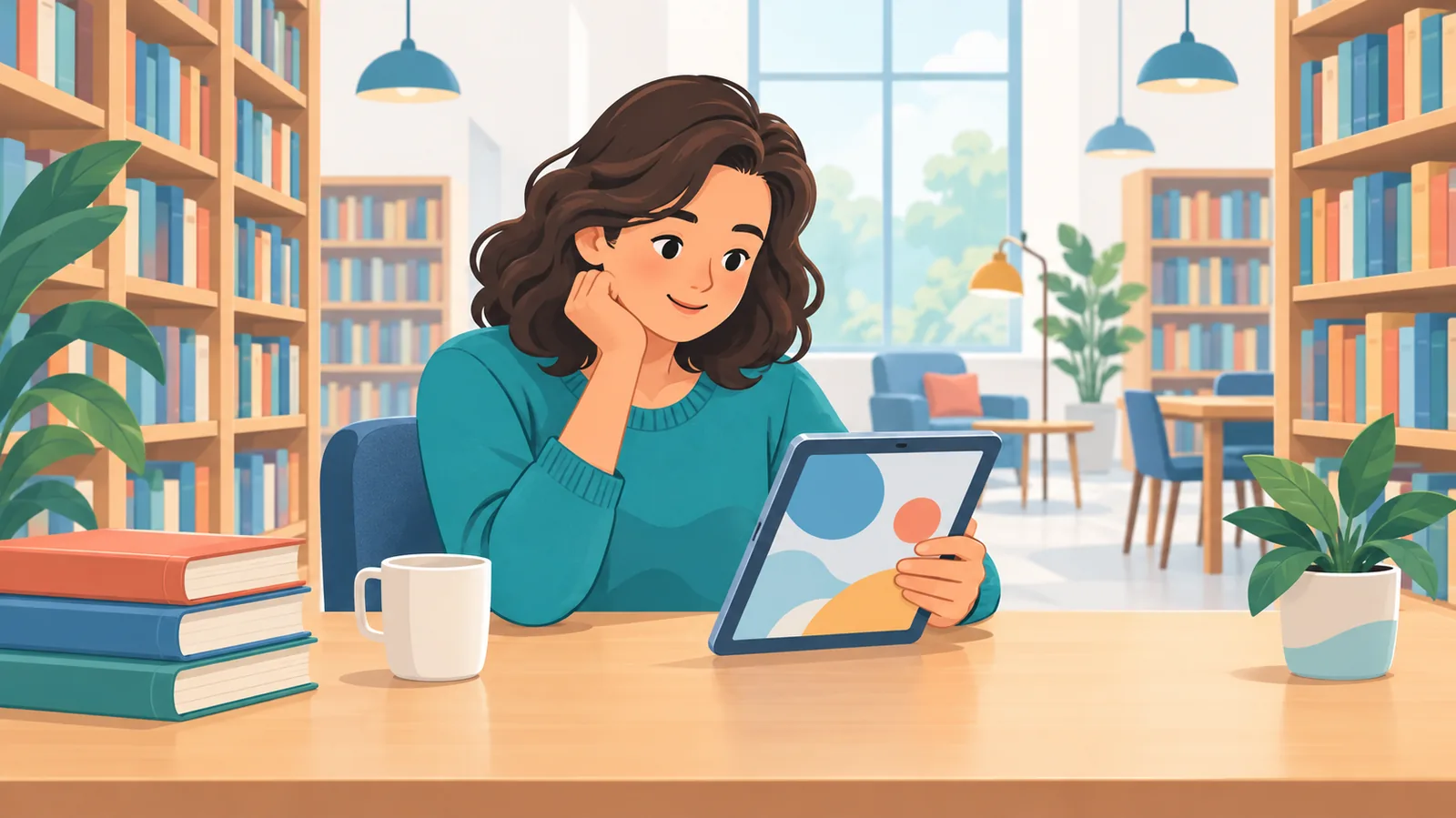 Lezer met een tablet aan een bibliotheektafel