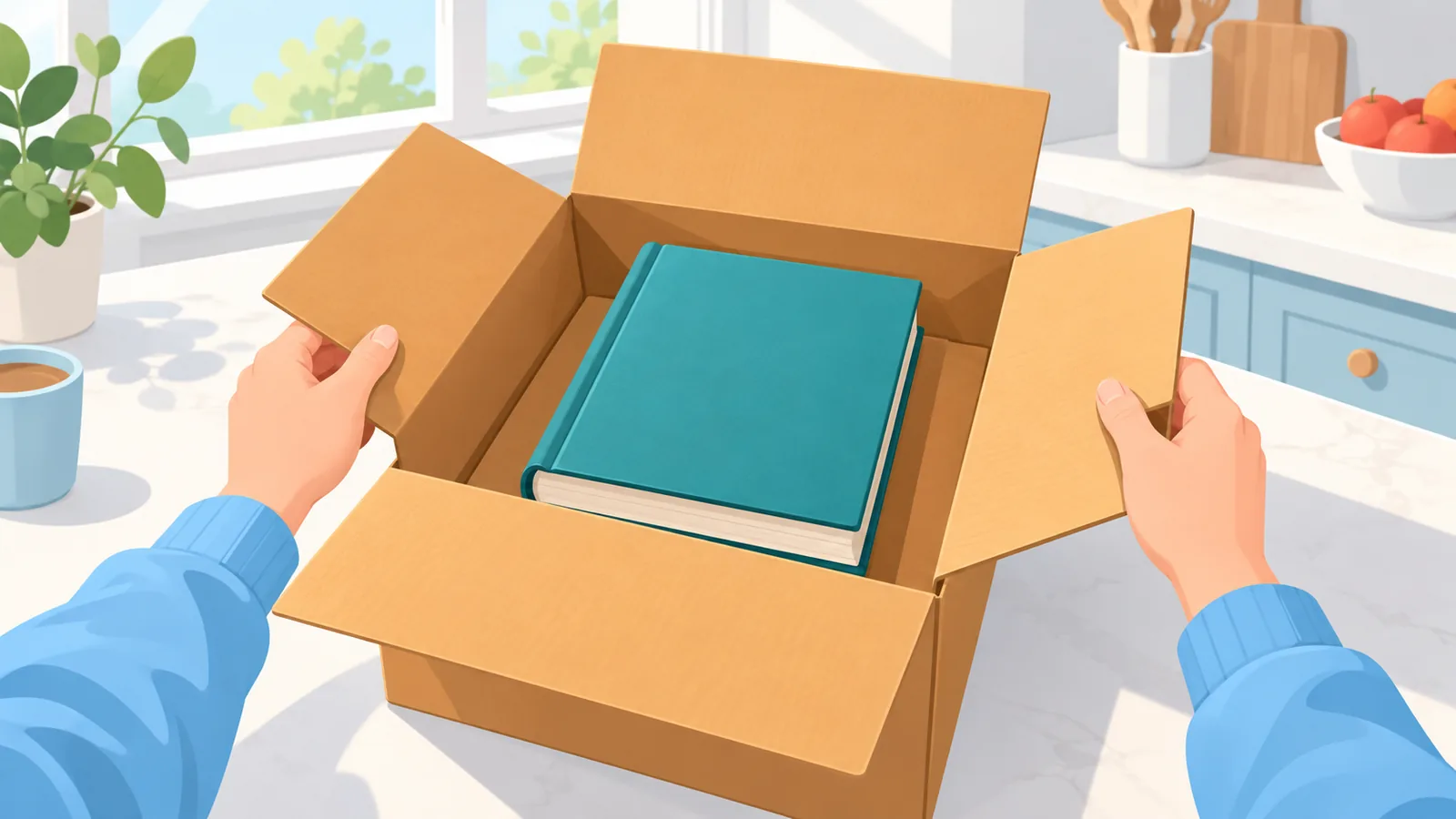 Een pakketje met een boek wordt uitgepakt