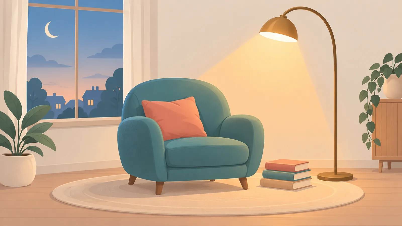 Gezellige leeshoek met fauteuil en een stapel boeken