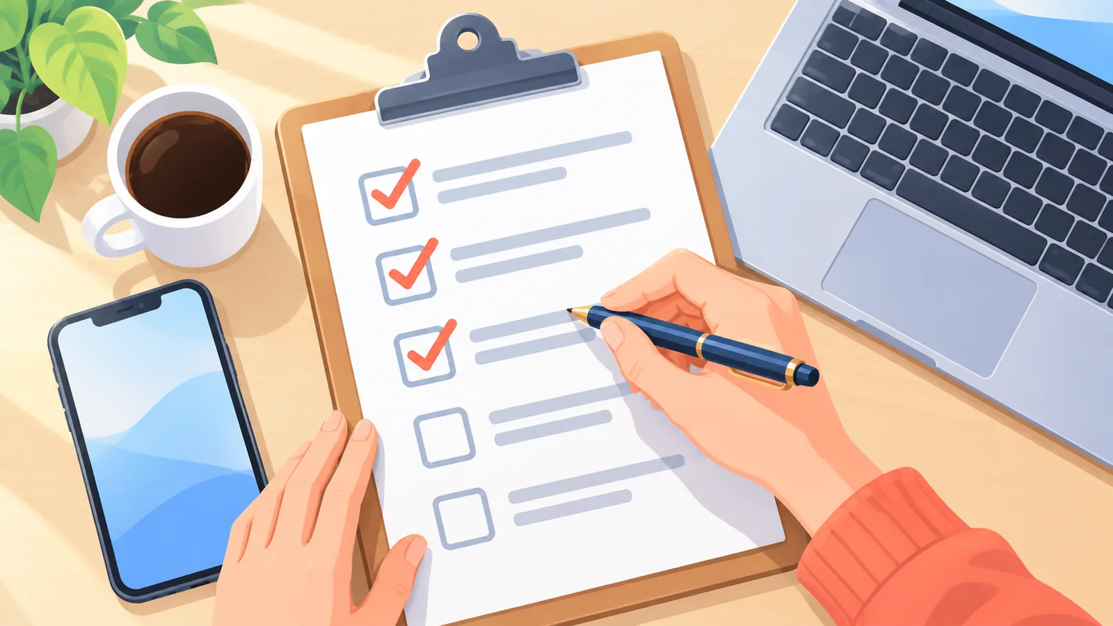 Checklist met selectiecriteria naast laptop en smartphone
