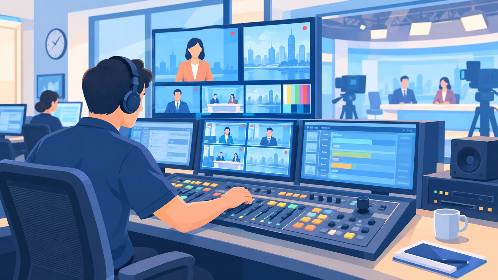 Regiekamer met monitoren voor live videonieuws