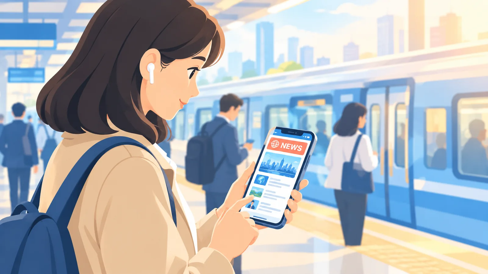 Forens leest nieuws op smartphone op een perron