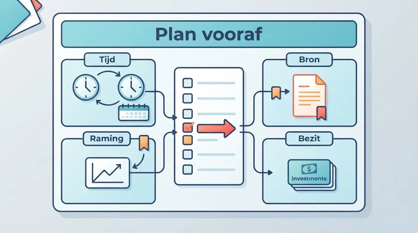 Voorbereidingsblad met tijdzonecontrole, verslagperiode, officiële bron, raming en bestaande posities.