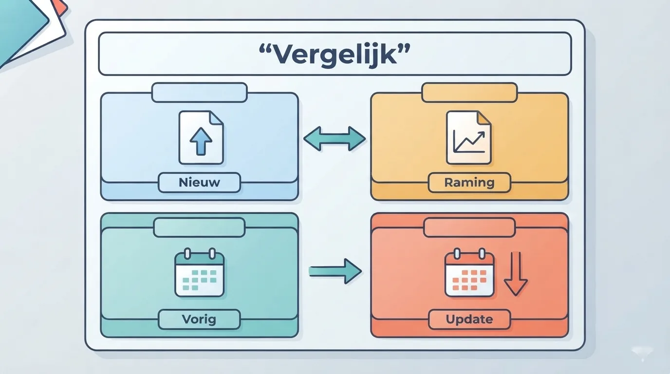 Vier vakken houden de nieuwe uitkomst, raming, eerdere publicatie en herziening uit elkaar.