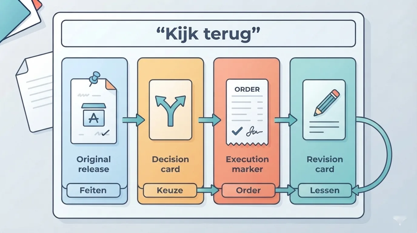 Een evaluatieblad scheidt beschikbare feiten, handelskeuze, orderresultaat en lessen voor de volgende publicat