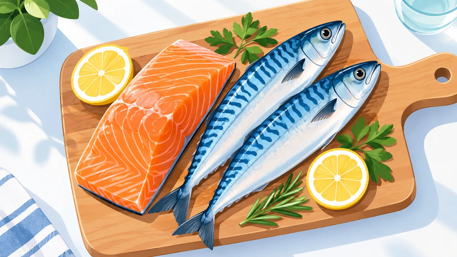 Verse zalm en makreel op een houten snijplank