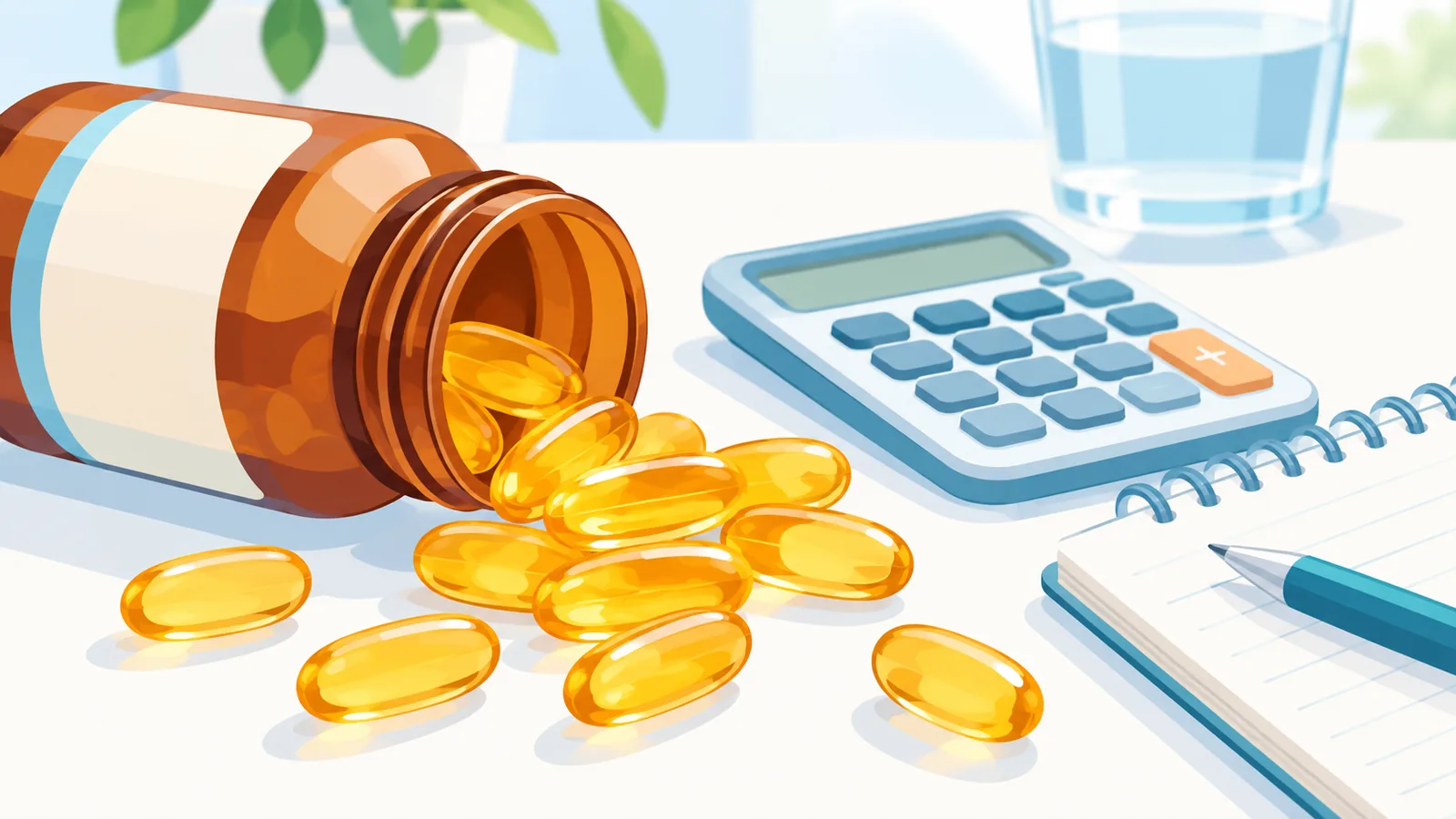 Visolie capsules naast een rekenmachine en notitieblok