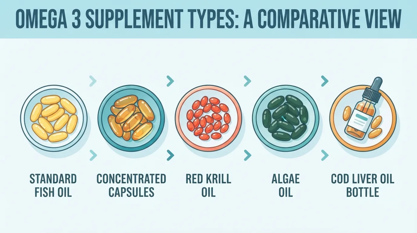 Verschillende soorten omega 3 supplementen naast elkaar
