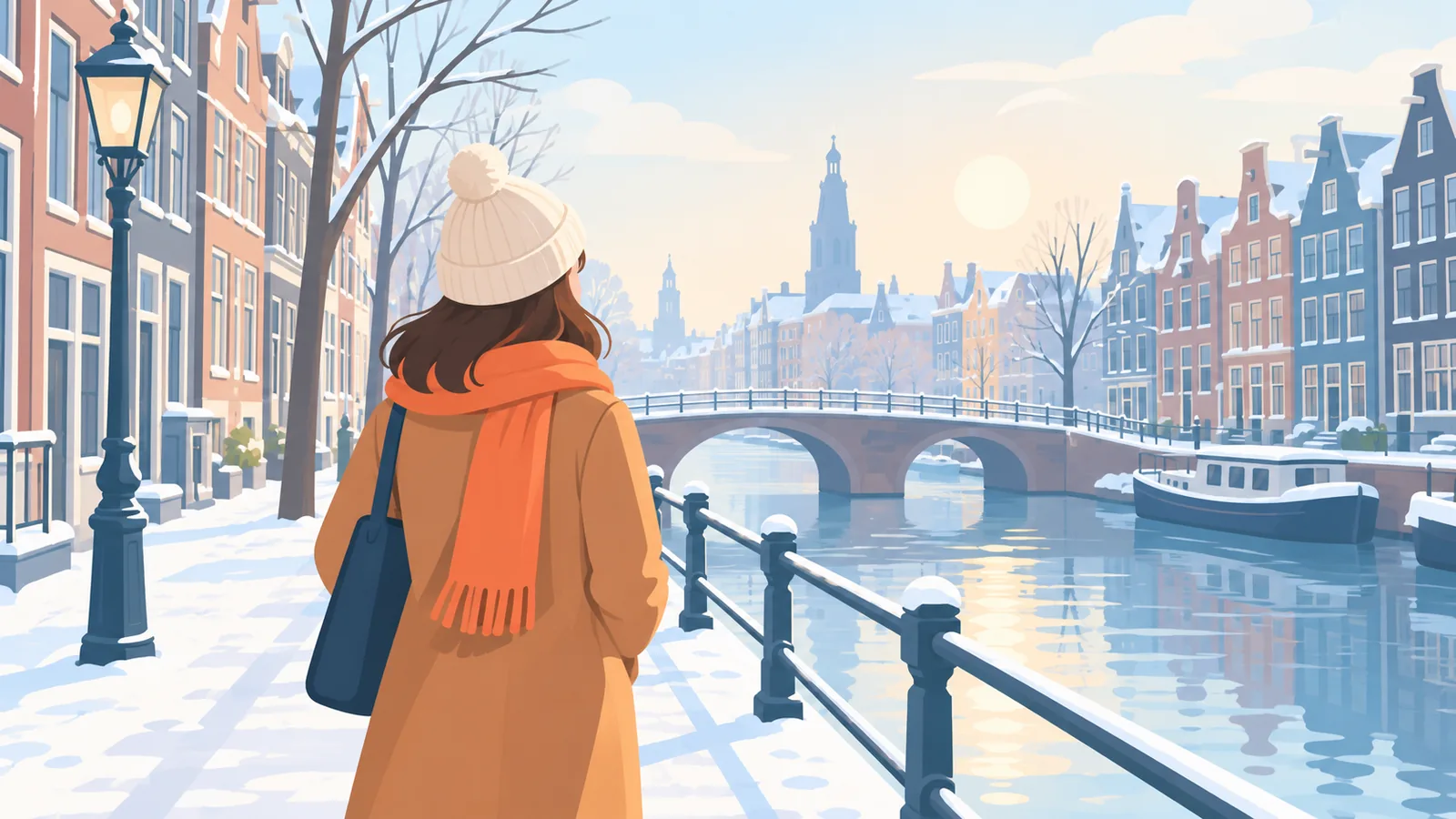 Wandelaar langs een grijze gracht in de winter