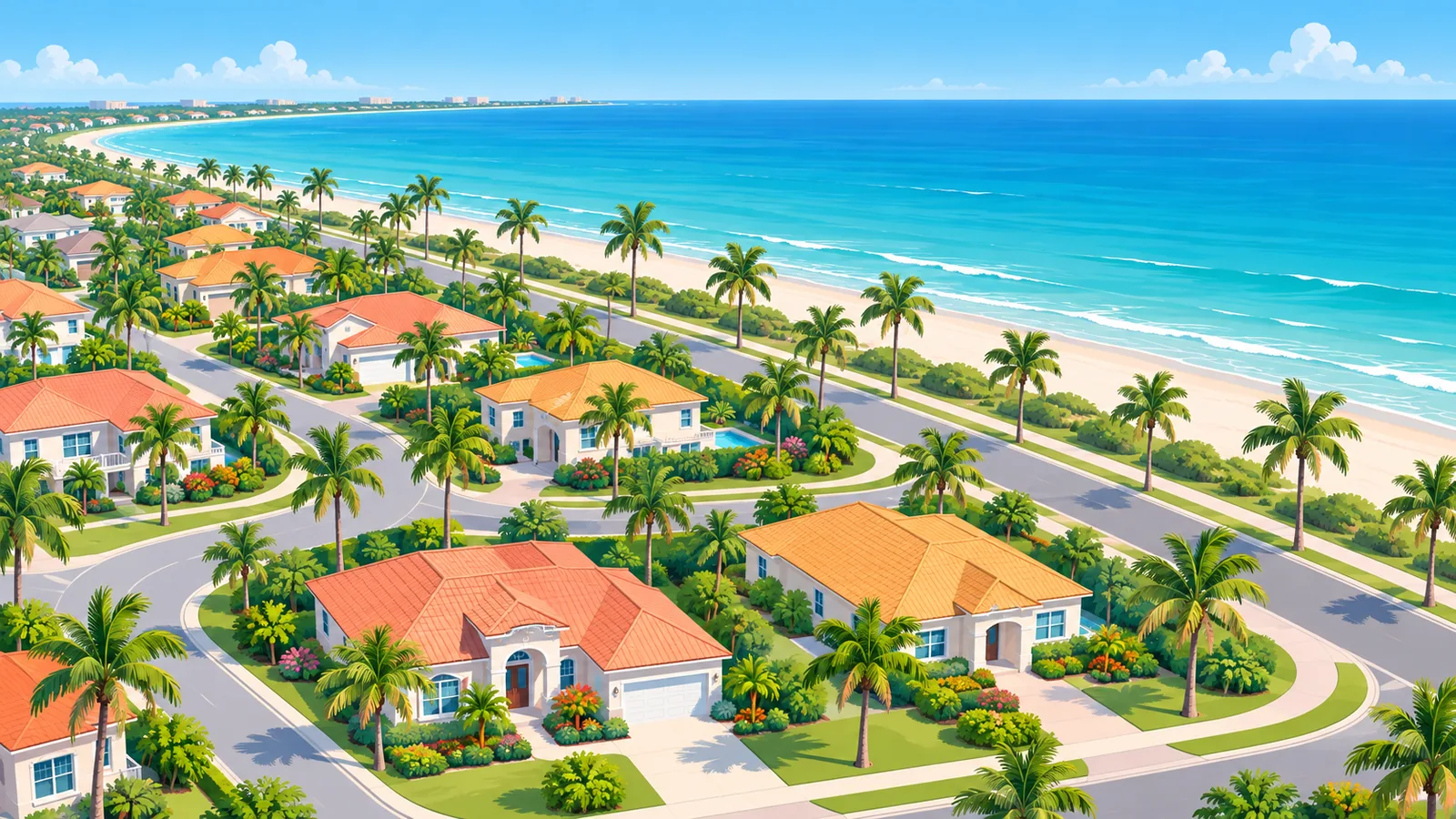 Zonnige woonwijk met palmbomen aan de kust van Florida