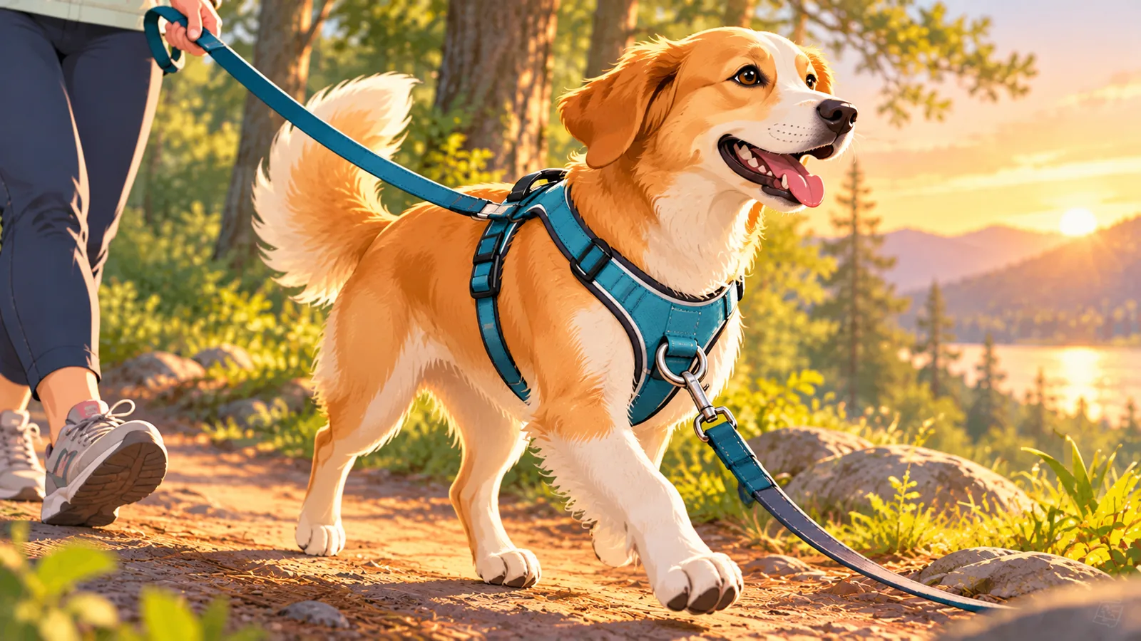 Hond met opgevuld tuig tijdens een boswandeling