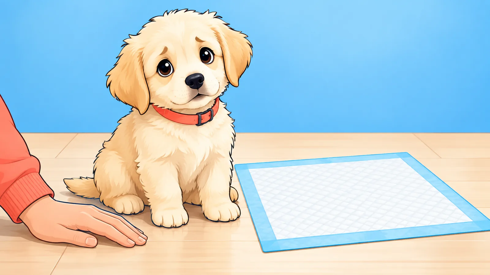 Puppy zit naast een plasmatje op een houten vloer