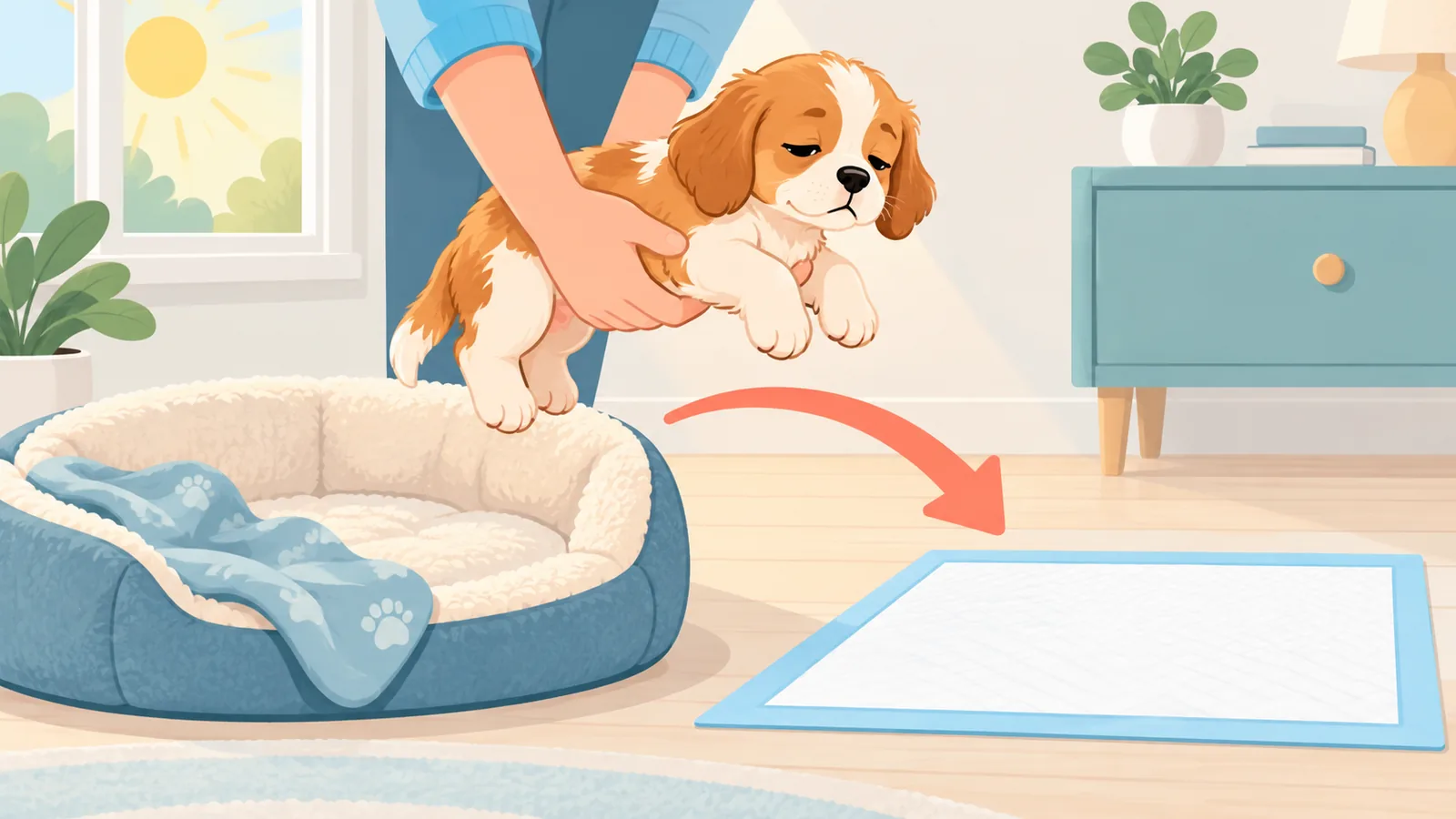 Een puppy wordt na het wakker worden naar het matje gebracht