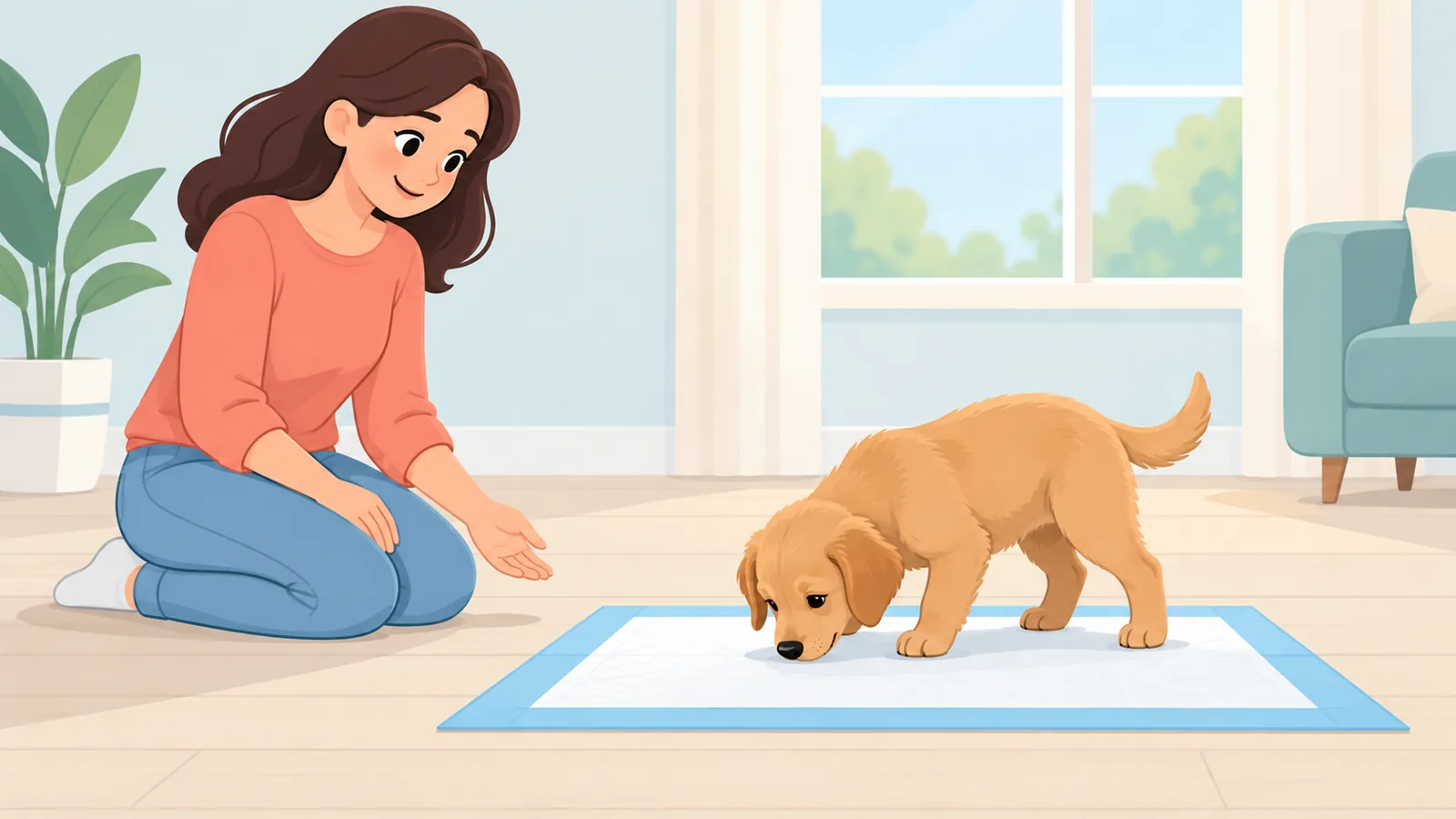 Baasje wacht rustig terwijl de puppy aan het matje snuffelt