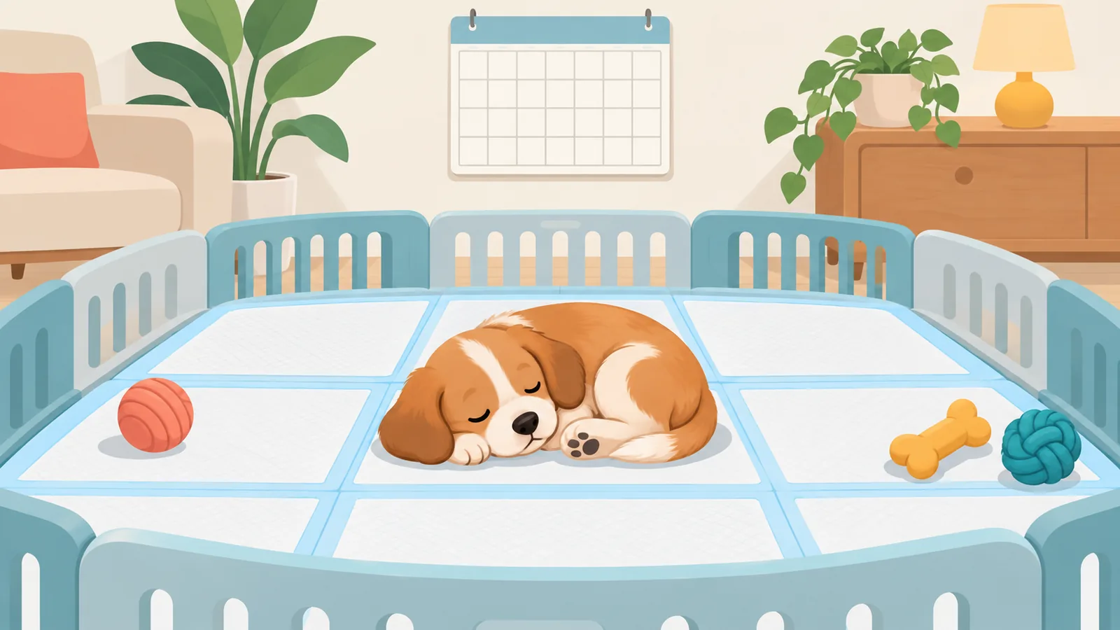 Puppy rust in een oefengebied met op de achtergrond een kalender