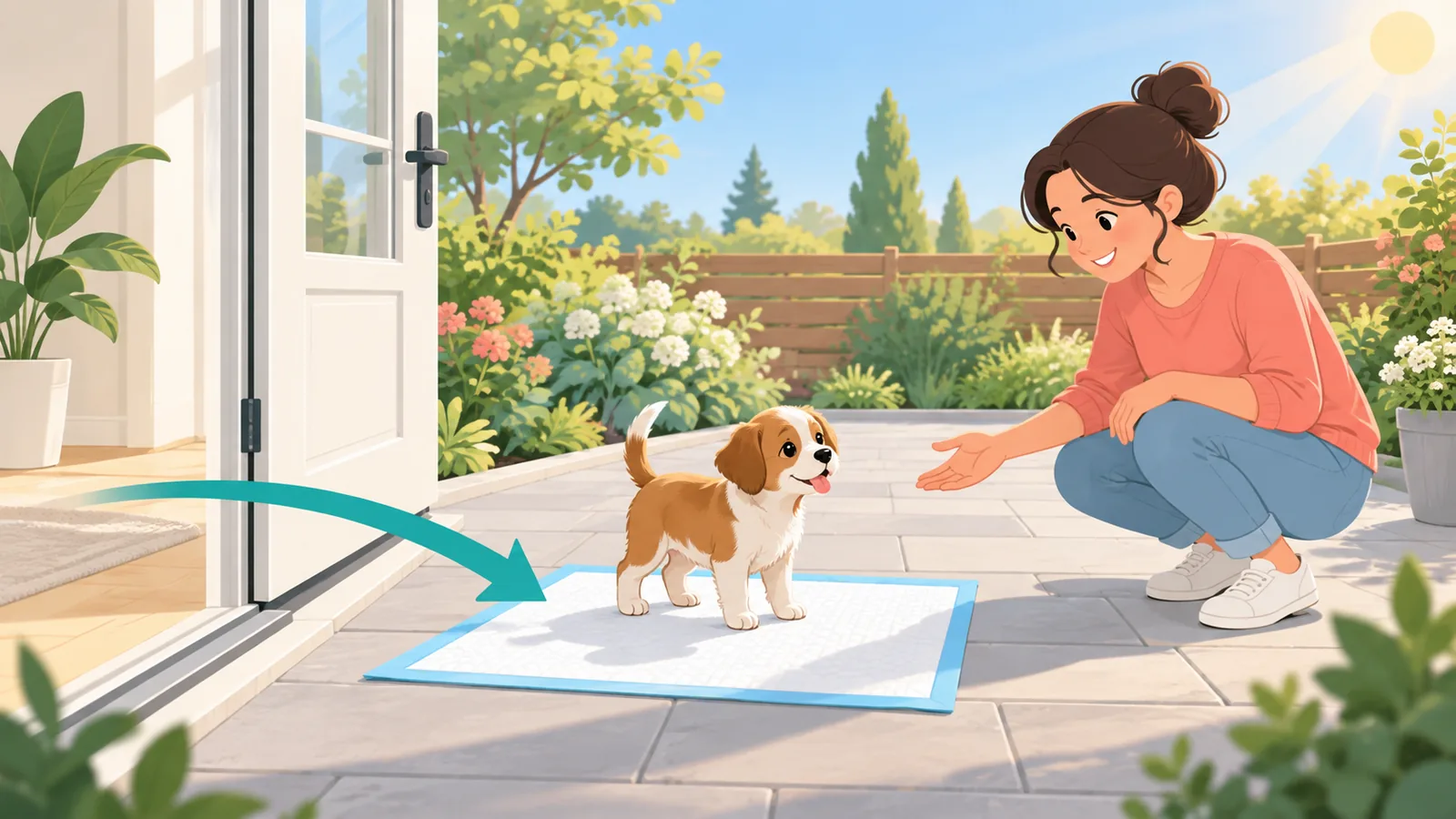 Puppy op een matje vlak buiten de achterdeur
