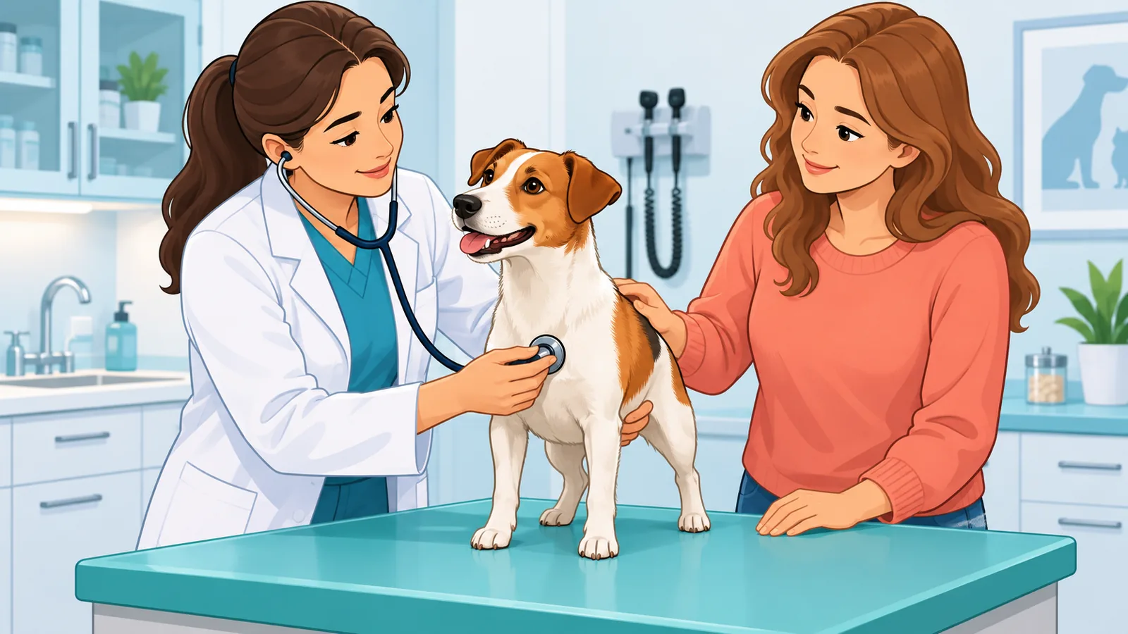 Dierenarts onderzoekt een hond terwijl het baasje toekijkt