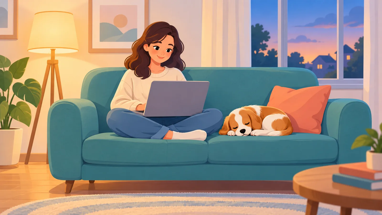 Puppy slaapt naast een baasje dat op de bank leest