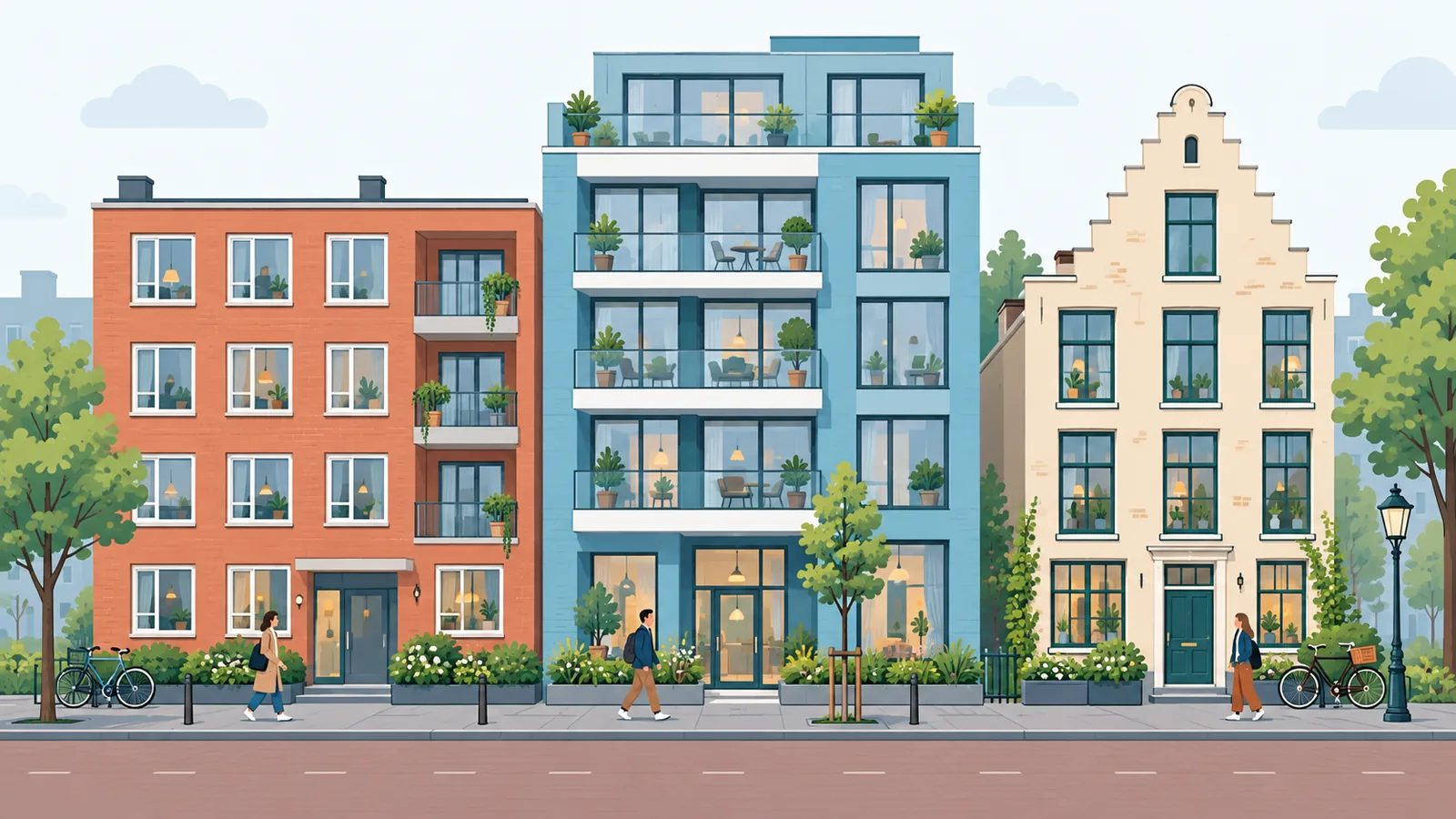Drie verschillende huurappartementen in een Nederlandse straat