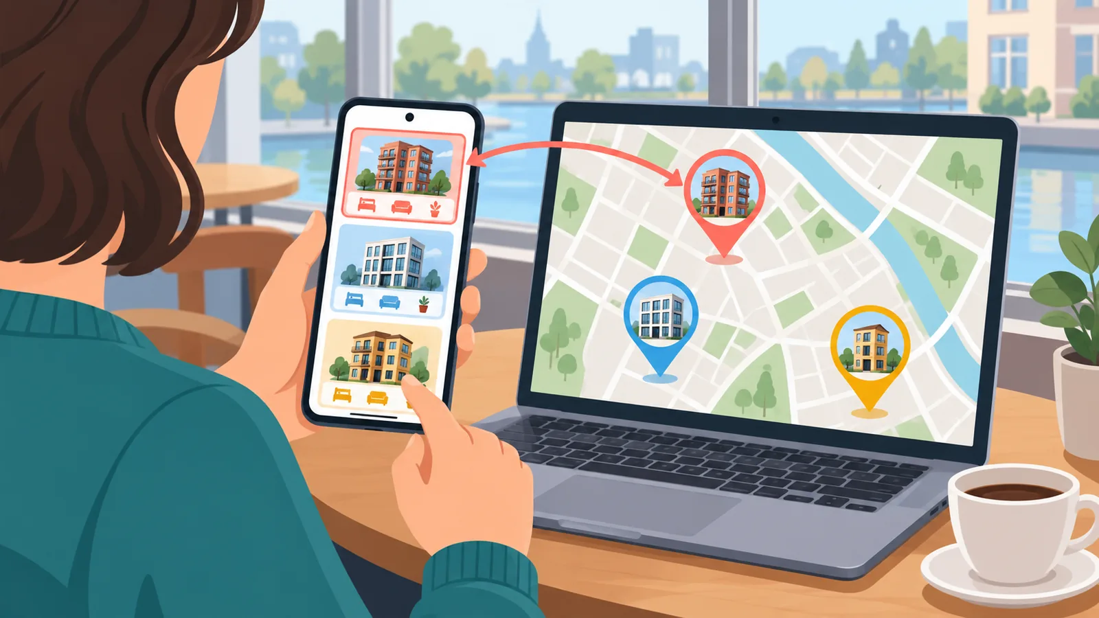 Iemand zoekt op een telefoon en laptop naar huurwoningen