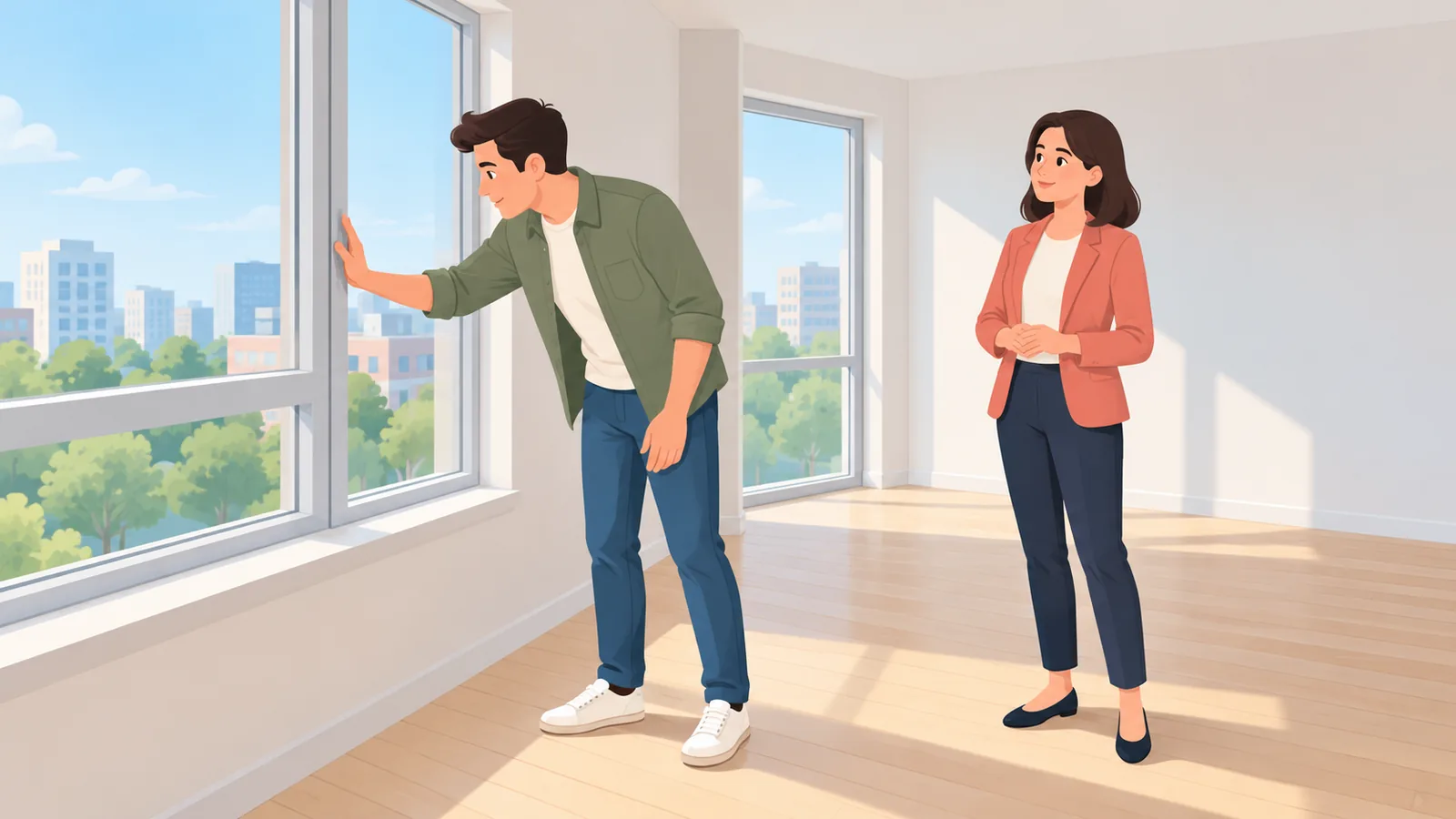 Een huurder bekijkt een appartement met een verhuurder