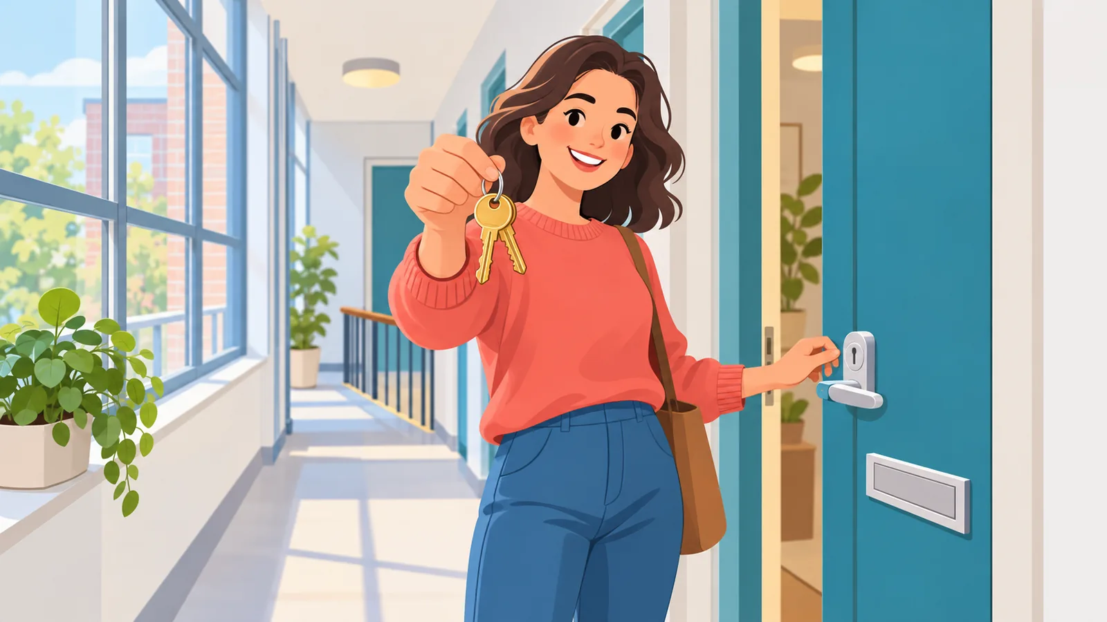 Een huurder met sleutels voor de voordeur van een nieuw appartement