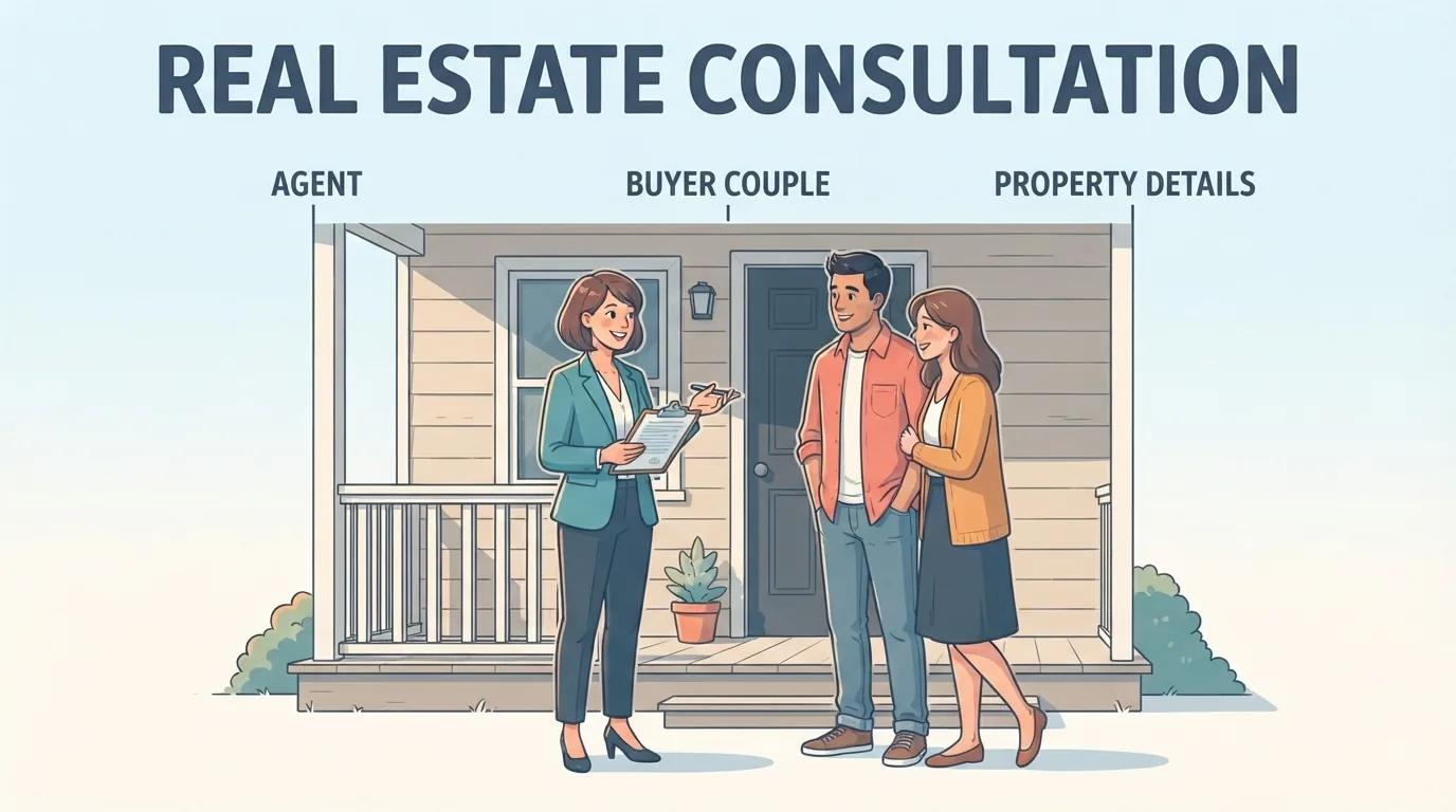 Makelaar bespreekt een woning met een kopend stel op de veranda