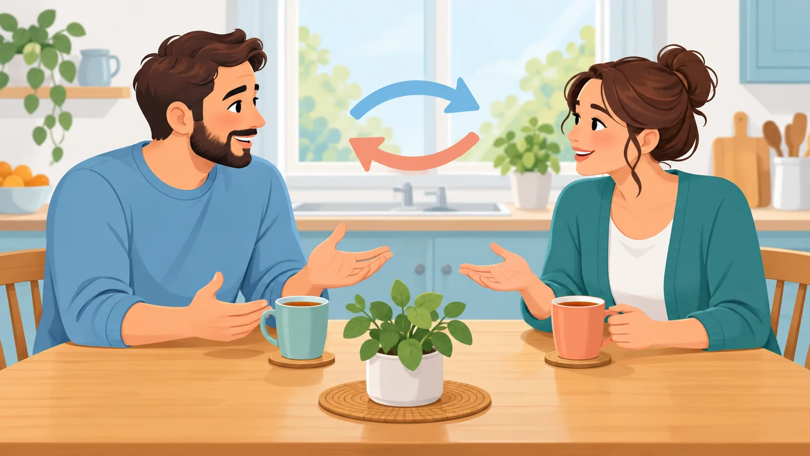 Twee partners praten rustig met elkaar aan de keukentafel met een kop thee