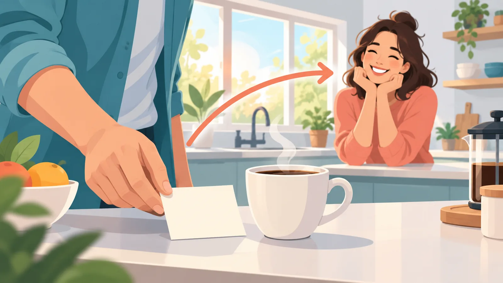 Een partner legt een handgeschreven briefje naast een kop koffie in de keuken
